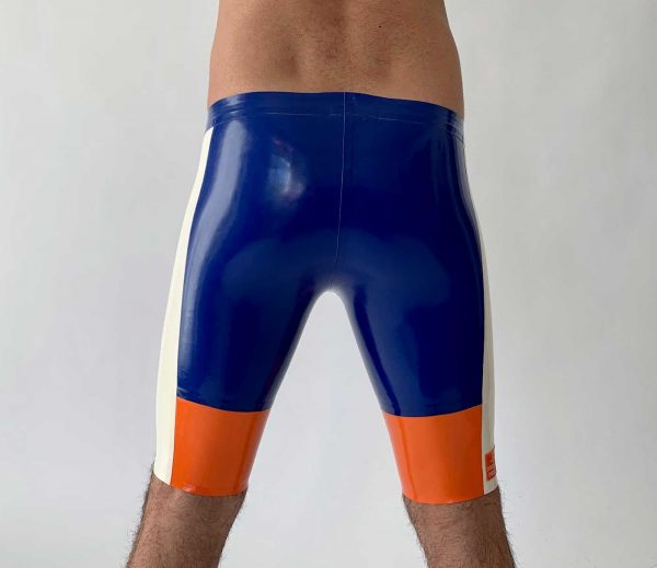 Latex Biker Hose, kurz, in blau, weiß orange, enger Schnitt, Logo in blau, Premium Kollektion