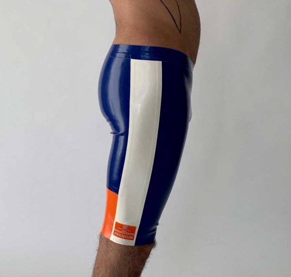 Latex Biker Hose, kurz, in blau, weiß orange, enger Schnitt, Logo in blau, Premium Kollektion