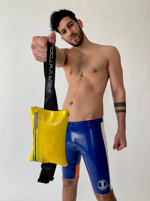 Latex Brusttasche, Gürteltasche in gelb mit Reißverschluss, Logo Stoff, Premium Kollektion
