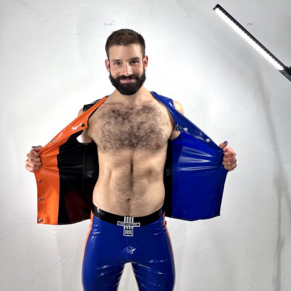 Sporty fetish latex rubber sleeveles, fastfucker button front & design, in black, orange and blue. For men guys boys and queers